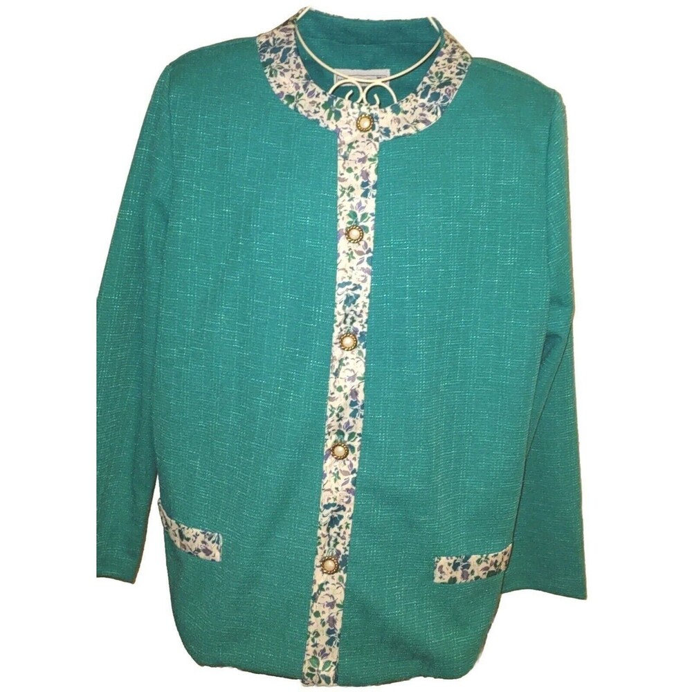 Sz 18WP Turquoise Acrylic Poly Blend Blazer Jacket Floral Pearl Buttons